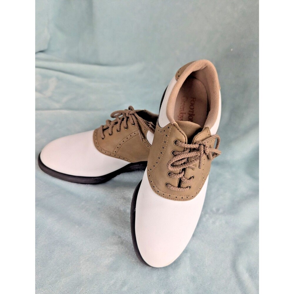 FootJoy GreenJoys Womens Golf Shoes 7.5 White Tan Saddle Spiked Leather 48727